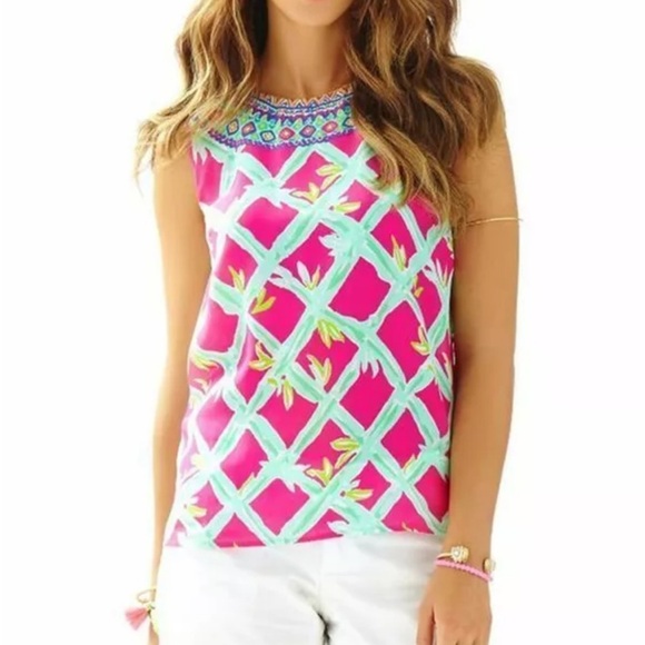 Lilly Pulitzer Tops - Lilly Pulitzer lona Sleeveless Silk Top Button Back Shirt Pink Green Crewneck S
